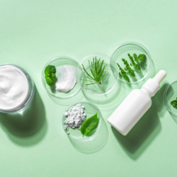 Texte alternatif de l'image : "Cette image présente une collection de produits cosmétiques bio sur un fond vert pastel. Au centre, un flacon blanc avec un compte-gouttes symbolise la précision et la pureté des formulations. Autour de lui, plusieurs coupelles en verre transparent dévoilent des ingrédients naturels tels que des herbes fraîches - menthe, persil, chive et une feuille verte non identifiée - ainsi qu'une crème onctueuse et une poudre fine. L'ensemble évoque une atmosphère de laboratoire naturel où la science rencontre la nature pour créer des cosmétiques respectueux de l'environnement, alignés avec les thèmes de durabilité et d'innocuité discutés dans l'article.