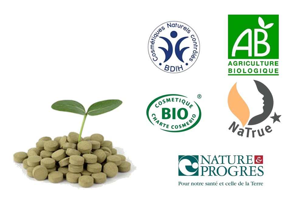 Logos des labels bio et naturels pour les cosmétiques et compléments alimentaires, dont AB, Cosmebio, Nature & Progrès, BDIH et Natrue.