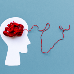 Image illustrant un cerveau stylisé sous forme de pelote de laine nouée. Au centre du cerveau, la pelote commence à se délier, symbolisant le processus de démêlage des émotions et des pensées complexes. L'image évoque le concept de dénouement des troubles émotionnels et psychiques, en lien avec le thème de l'homéopathie.