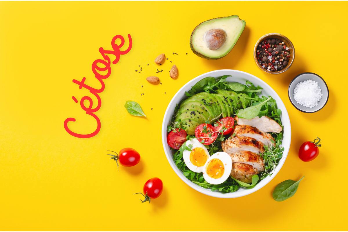 Assiette de salade cétogène composée d’avocat, œufs durs, poulet grillé et légumes verts sur fond jaune.