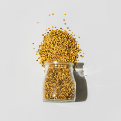 Un bocal en verre renversé déverse un flot de pollen d'abeille aux teintes jaune et orange sur un fond blanc. Le pollen semble se répandre en suspension dans l'air, créant une impression dynamique de mouvement, tout en soulignant la variété des couleurs et la granularité de ces petites particules naturelles.