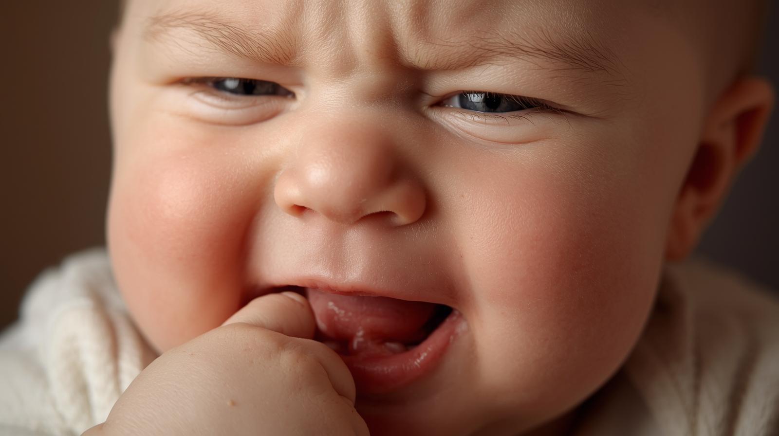 Bébé grognon mettant ses doigts à la bouche à cause de la poussée dentaire