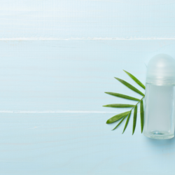 l'image représente un roll on de déodorant naturel sur un fond bleu clair, avec un feuillage