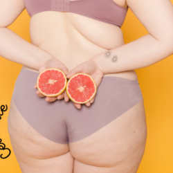 Femme en sous-vêtements tenant des moitiés de pamplemousse contre ses fesses, illustrant la cellulite et les remèdes naturels.