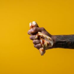 L'image représente une main qui écrase un sandwich pour symboliser l'effet du Garcinia sur la perte de poids.