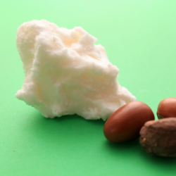 quels sont les bienfaits du beurre de karité. Li'mage représente du beurre de karité, des noix de karité sur un fond vert très vif.