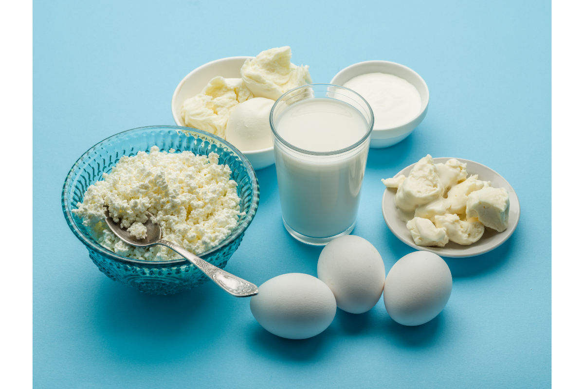 Faut-il Consommer Plus de Protéines en Vieillissant. L'image représente différentes sources de protéines sur une table bleue: des peurs, du cottage cheese, du lait ...