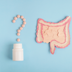 . L'image représente un dessin du système digestif sur un fond bleu, avec un flacon de compléments alimentaires ouverts. les gélules sont alignées pour former un poids d'interrogation!. La naturopathie vers intestinaux