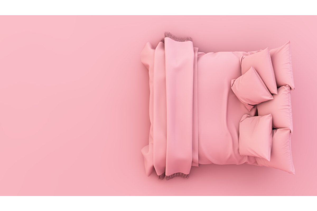 Comment se débarrasser des punaises de lit avec des huiles essentielles. l'image représente un lit avec des draps roses sur un fond rose.