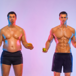 La photo montre deux hommes côte à côte contre un fond uni avec un éclairage coloré. À gauche, un homme avec un physique moins athlétique tient un hamburger dans une main et une boisson gazeuse dans l'autre, avec une expression quelque peu abattue. À droite, un homme au physique musclé et tonique tient un haltère dans une main et une pomme dans l'autre, affichant une expression confiante. Cette image illustre visuellement le concept de choix de vie sains par opposition à des choix moins sains, souvent utilisée pour symboliser l'importance de l'exercice et d'une alimentation équilibrée pour la santé. Ozempic (semaglutide) Zepbound ou Mounjaro (tirzepatide)