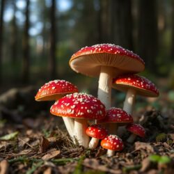 l'image représente une amanite tue-mouche, également connue sous le nom scientifique d'Amanita muscaria, qui pousse au sein d'une forêt luxuriante. Cette espèce de champignon est facilement identifiable grâce à son chapeau caractéristique rouge vif parsemé de taches blanches, ainsi qu'à son pied blanc et bulbeux.