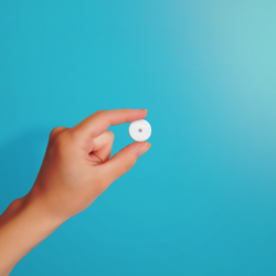 Capteur Freestyle Libre tenu entre les doigts d'une main sur fond bleu.
