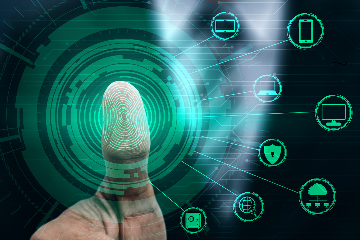 Empreinte digitale avec interface holographique montrant des icônes de dispositifs connectés, symbolisant la personnalisation et la collecte de données dans la médecine préventive.