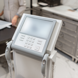 Balance InBody moderne dans un cabinet médical avec un professionnel de santé en arrière-plan.