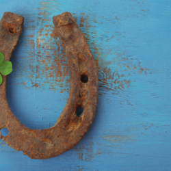 fer à cheval rouillé sur un fond bleu avec un trèfle
