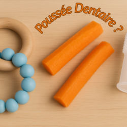 Mordedor de madera y silicona, palitos de zanahoria y cepillo de dientes para bebés sobre fondo de madera clara, que ilustran soluciones naturales a los problemas de dentición.