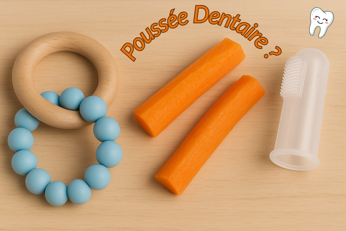 Anneau de dentition en bois et silicone, bâtonnets de carotte et brosse à dents pour bébé sur fond bois clair, illustrant les solutions naturelles contre la poussée dentaire.