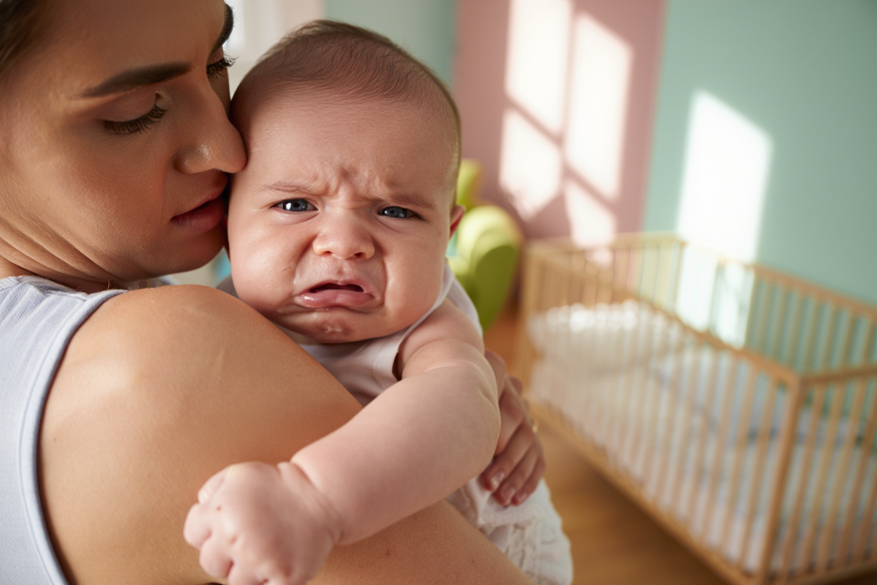 Bébé en pleurs dans les bras de sa mère, manifestant une gêne ou un inconfort digestif, dans une chambre lumineuse avec un lit à barreaux en arrière-plan.