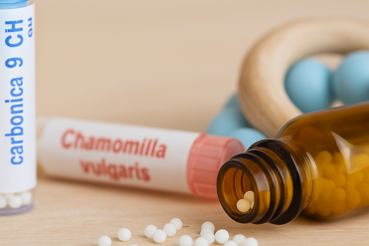 Granules homéopathiques Chamomilla et Calcarea pour soulager les douleurs dentaires chez le bébé