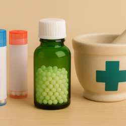 Flacons de granules homéopathiques et pilon de pharmacie sur fond beige, symbolisant la sécurité des traitements achetés en pharmacie.