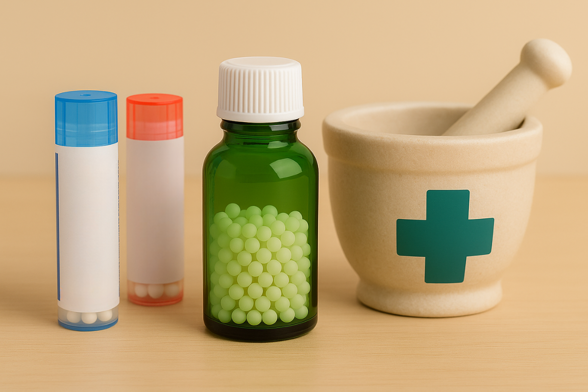 Flacons de granules homéopathiques et pilon de pharmacie sur fond beige, symbolisant la sécurité des traitements achetés en pharmacie.