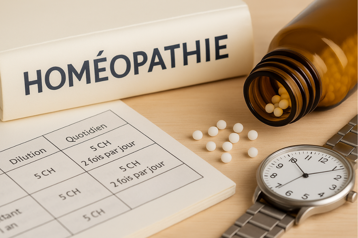 Granuli omeopatici, tabella di dosaggio, orologio e libro sull'omeopatia che illustra la frequenza di somministrazione dei rimedi