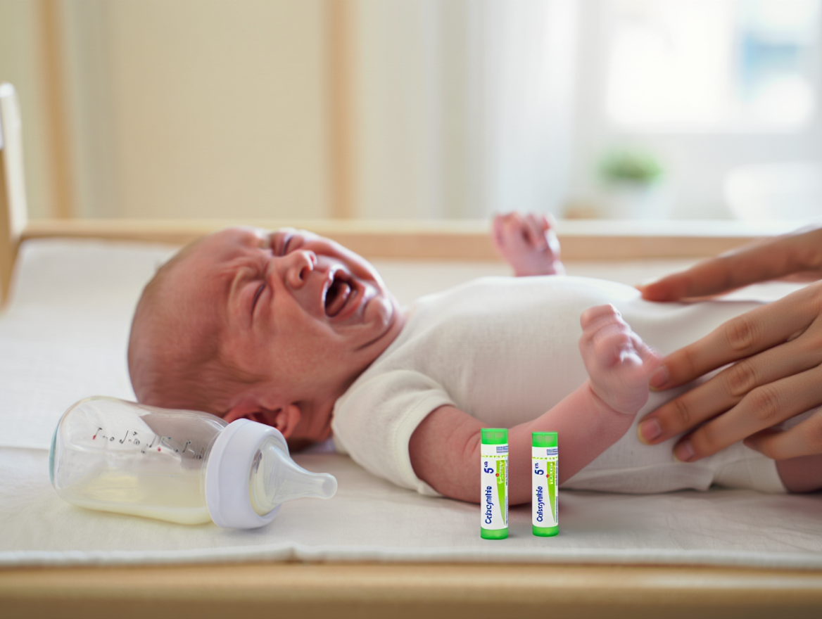 Bébé allongé et pleurant, avec un biberon et deux tubes d’homéopathie à proximité, illustrant les solutions naturelles contre les coliques du nourrisson.